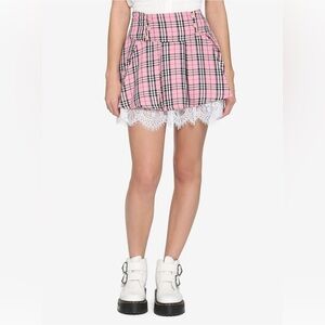 Hot Topic Pink Plaid Strawberry Lace Trim Skirt